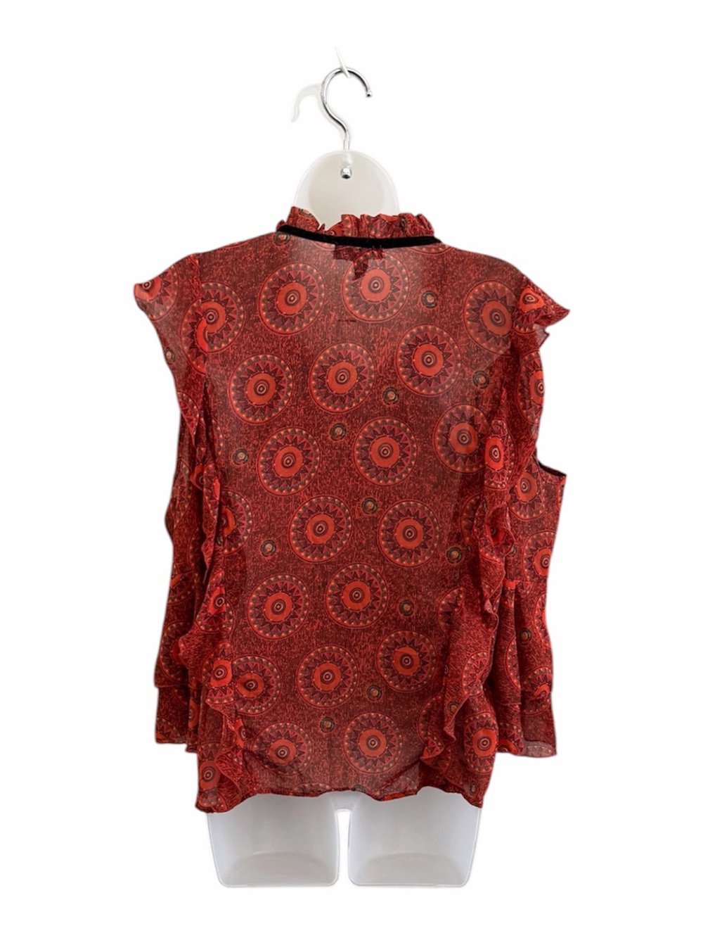 Boho Geometric Medallion Cold Shoulder Ruffle Blouse - Picture 6 of 8